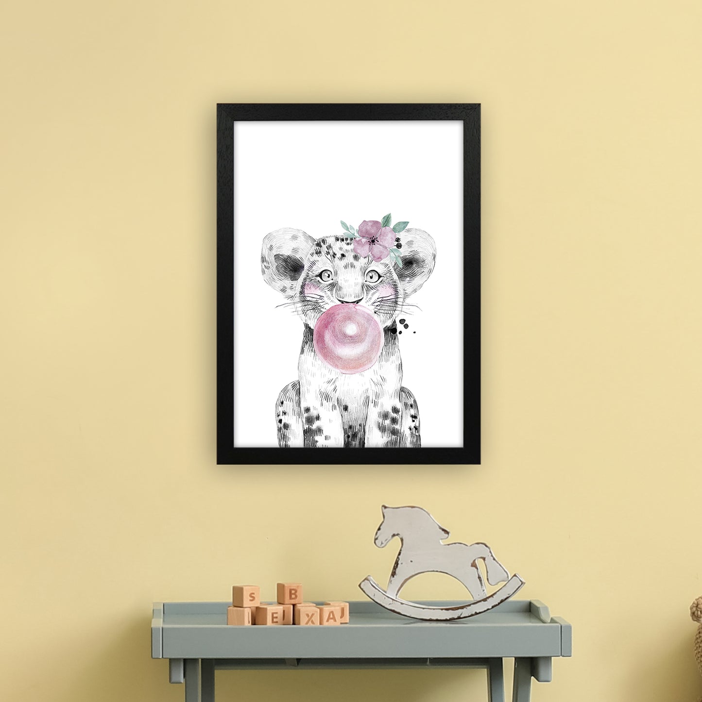 Safari Babies Tiger With Bubble Art Print by Pixy Paper A3 White Frame