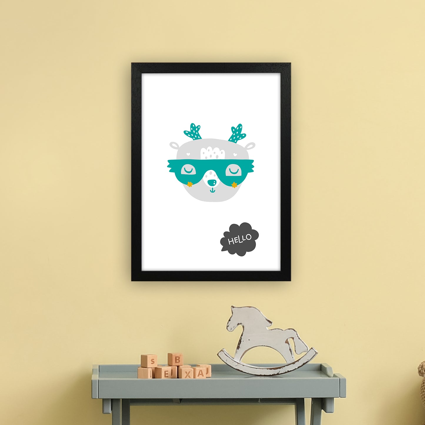 Hello Animal Teal Super Scandi Art Print by Pixy Paper A3 White Frame