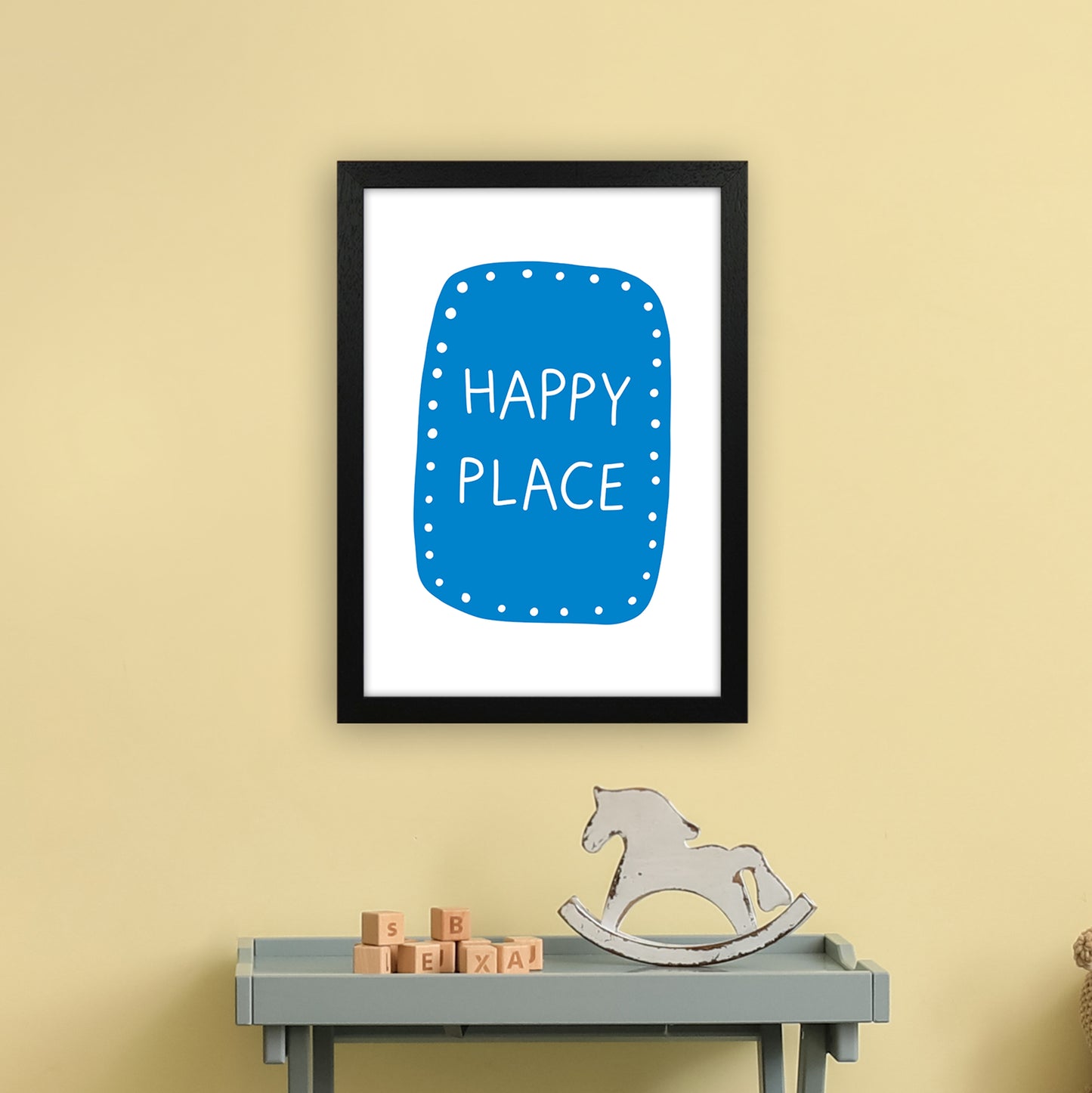 Happy Place Blue Super Scandi Art Print by Pixy Paper A3 White Frame