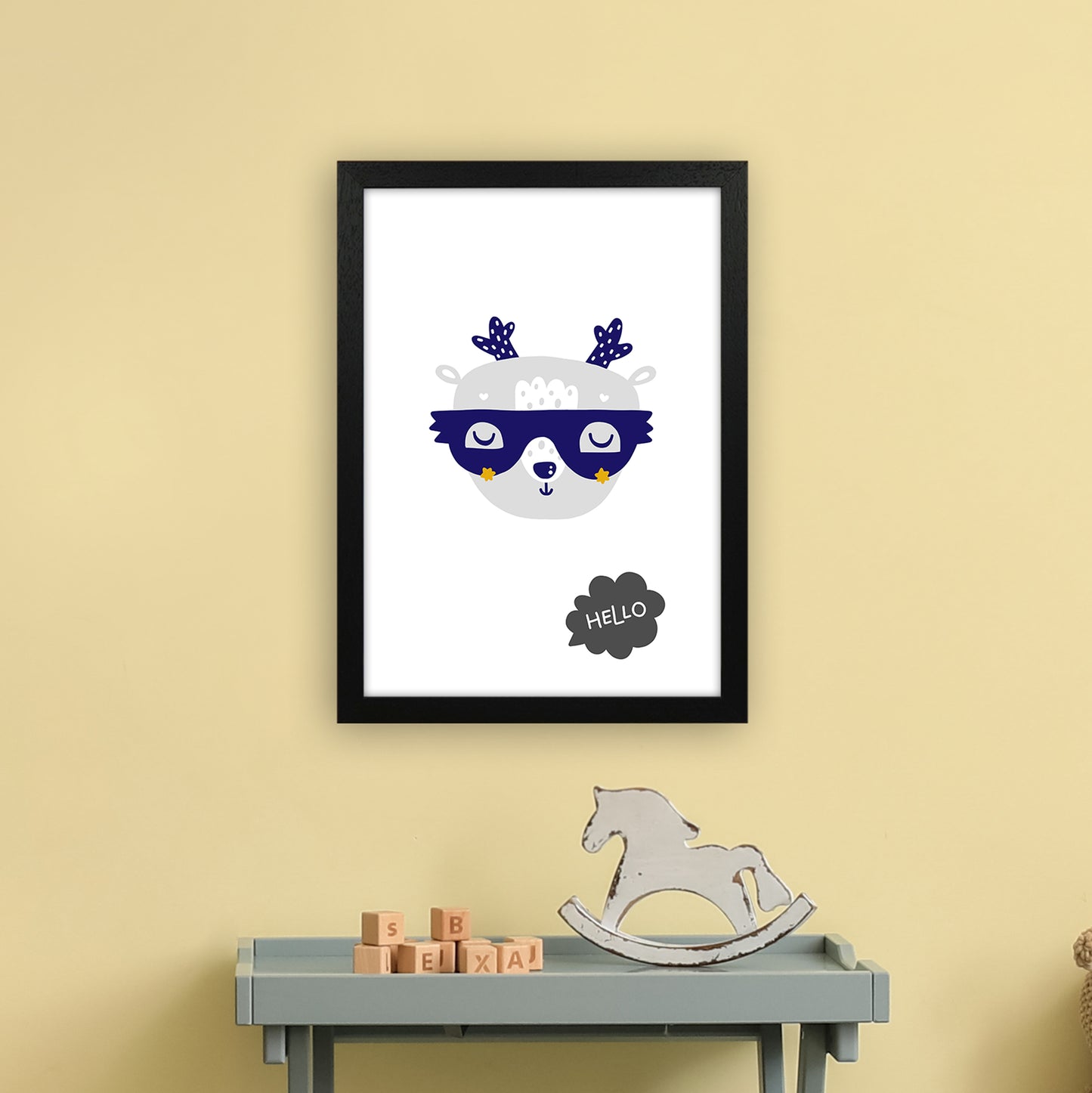 Hello Animal Navy Uper Scandi Art Print by Pixy Paper A3 White Frame