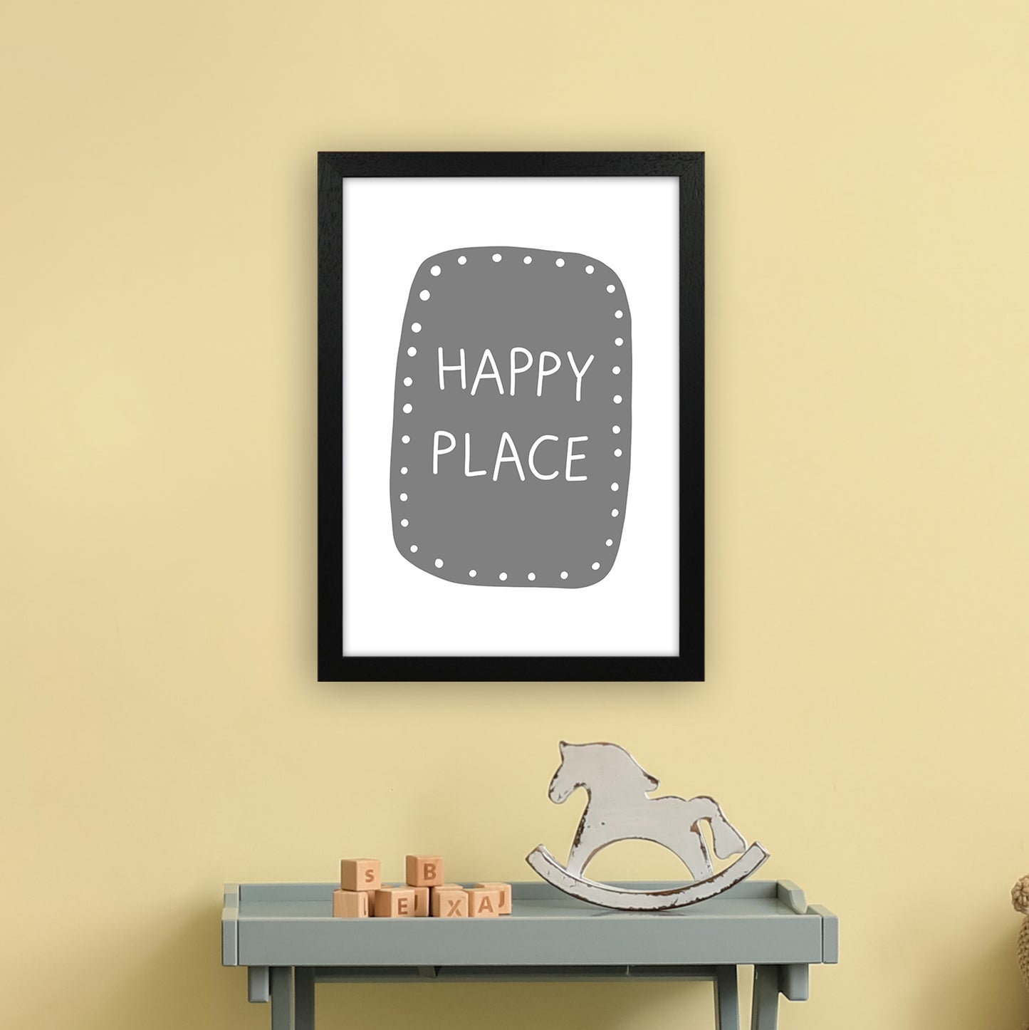 Happy Place Super Scandi Grey Art Print by Pixy Paper A3 White Frame