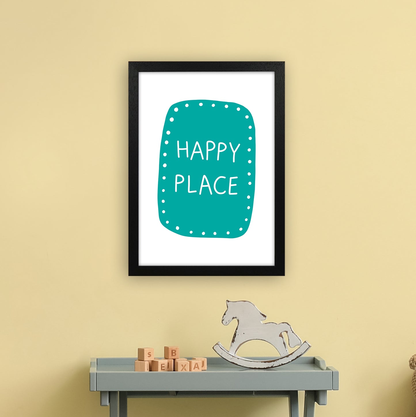 Happy Place Teal Super Scandi Art Print by Pixy Paper A3 White Frame