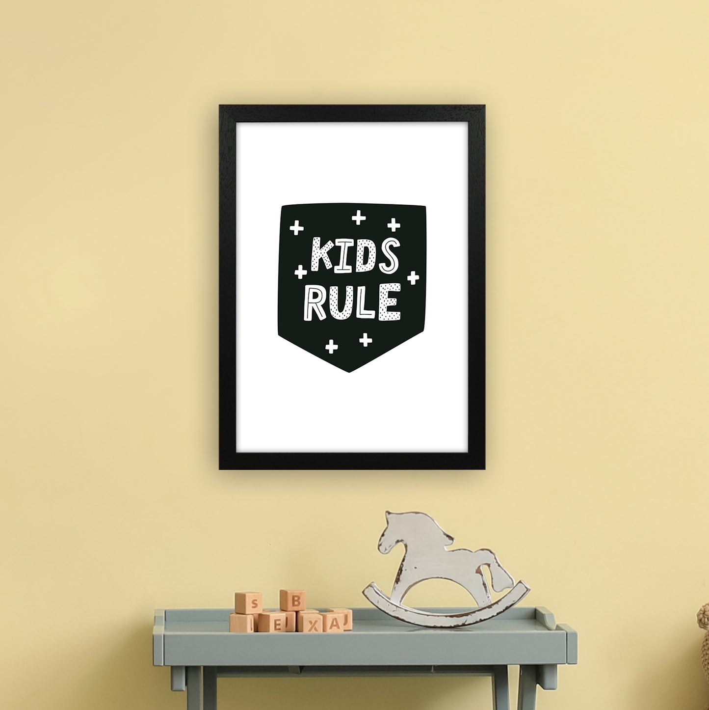 Kids Rule Black Super Scandi Art Print by Pixy Paper A3 White Frame