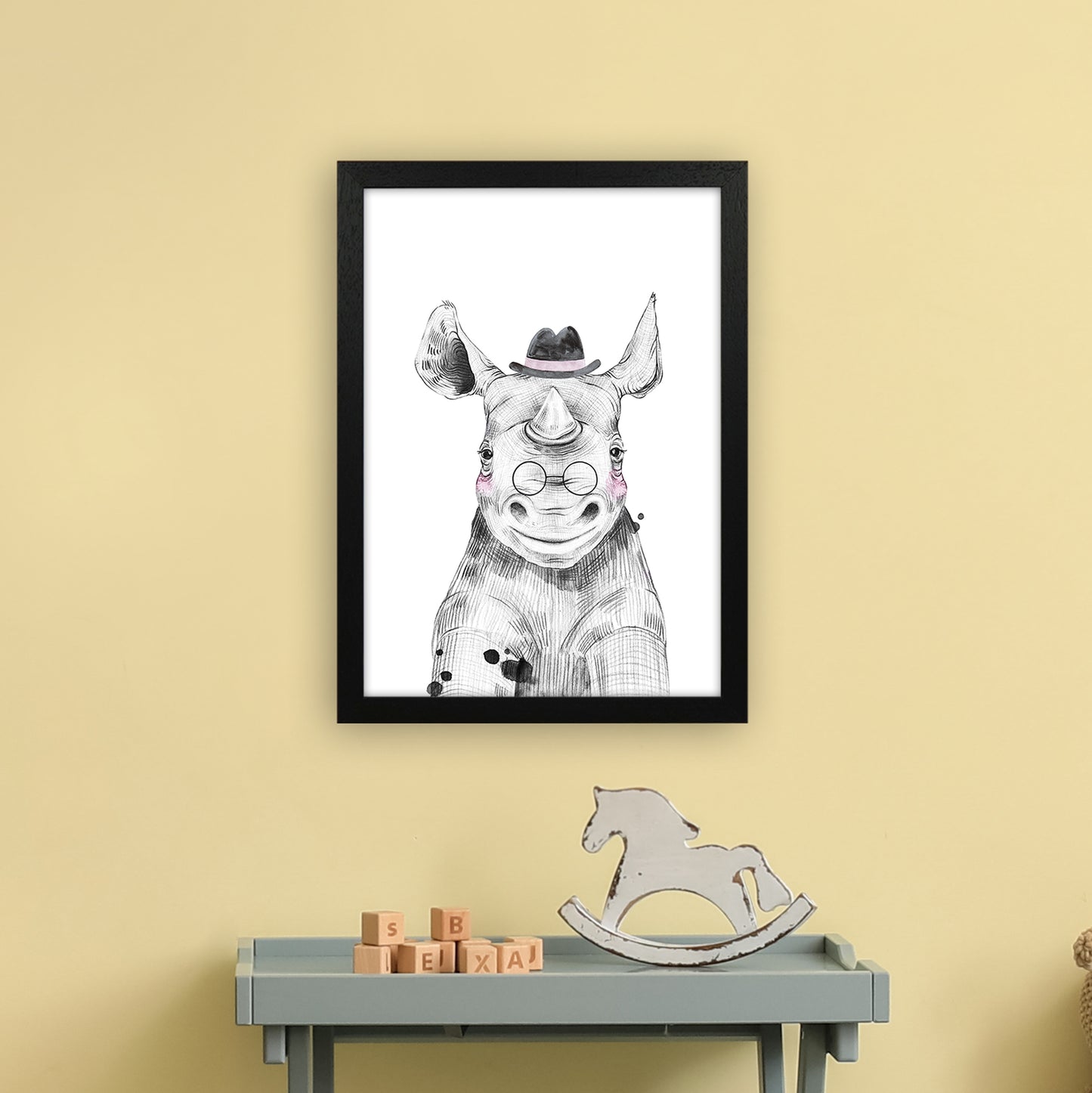Safari Babies Rhino With Hat Art Print by Pixy Paper A3 White Frame