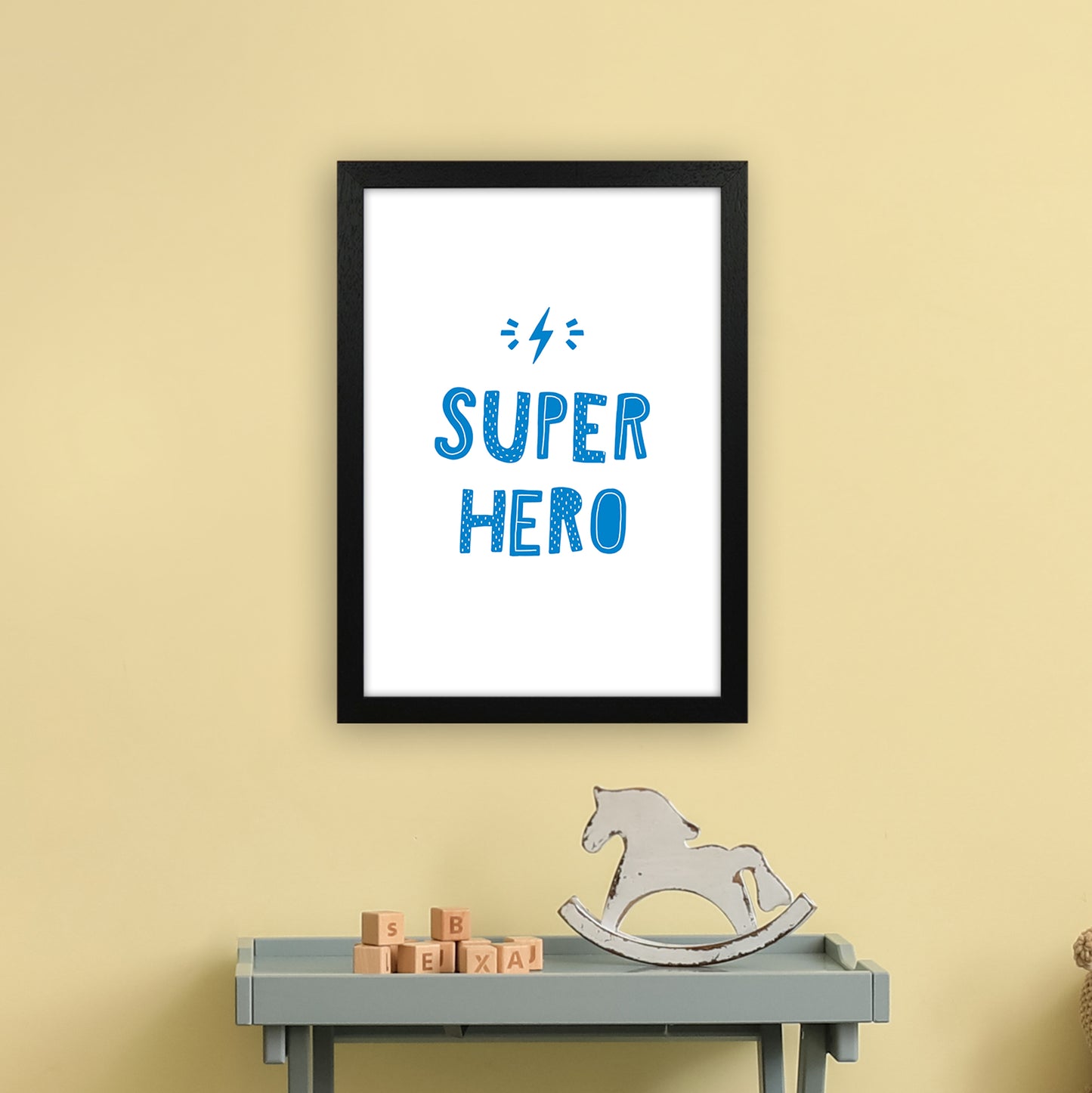 Super Hero Blue Super Scandi Art Print by Pixy Paper A3 White Frame