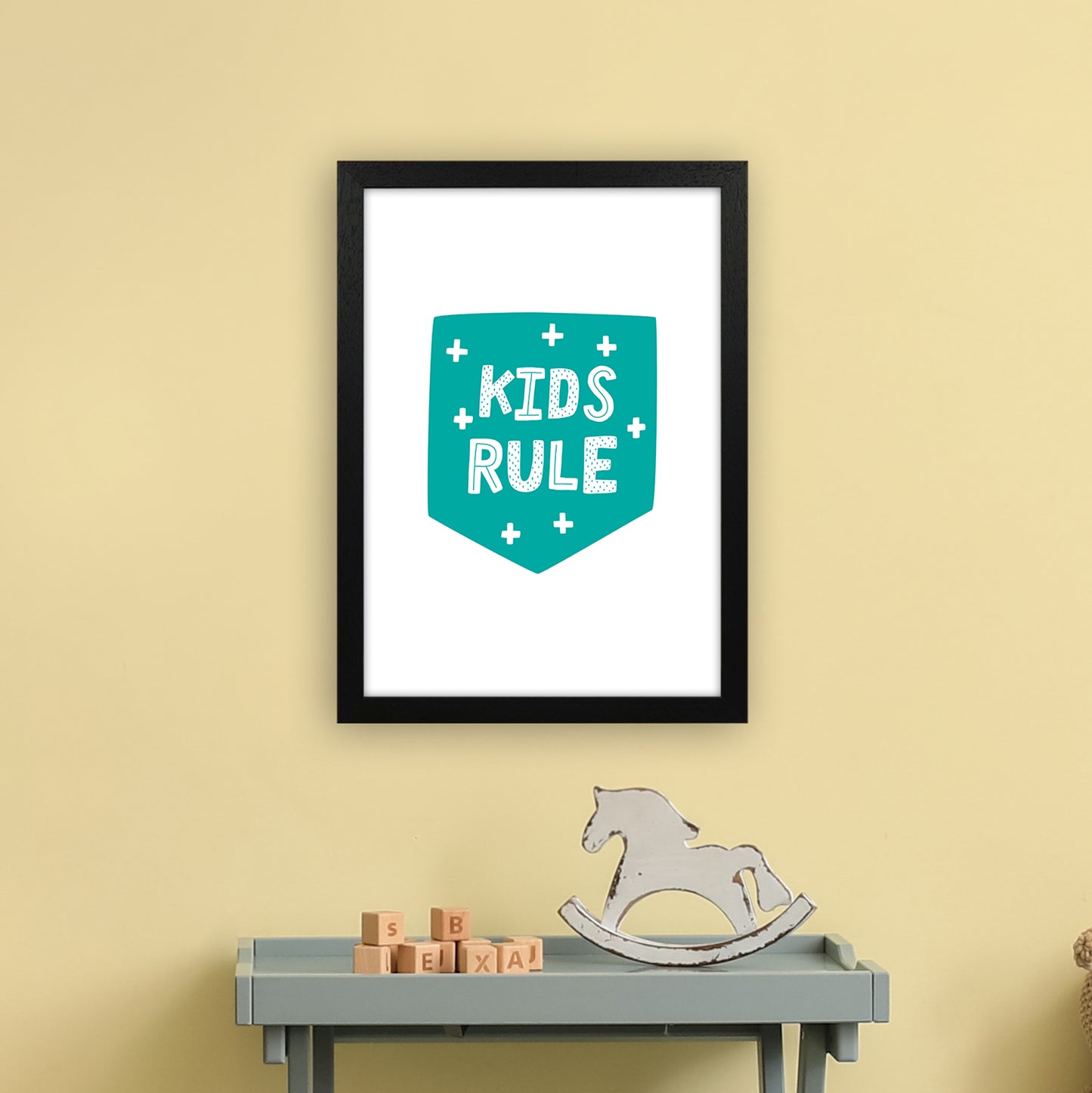 Kids Rule Teal Super Scandi Art Print by Pixy Paper A3 White Frame