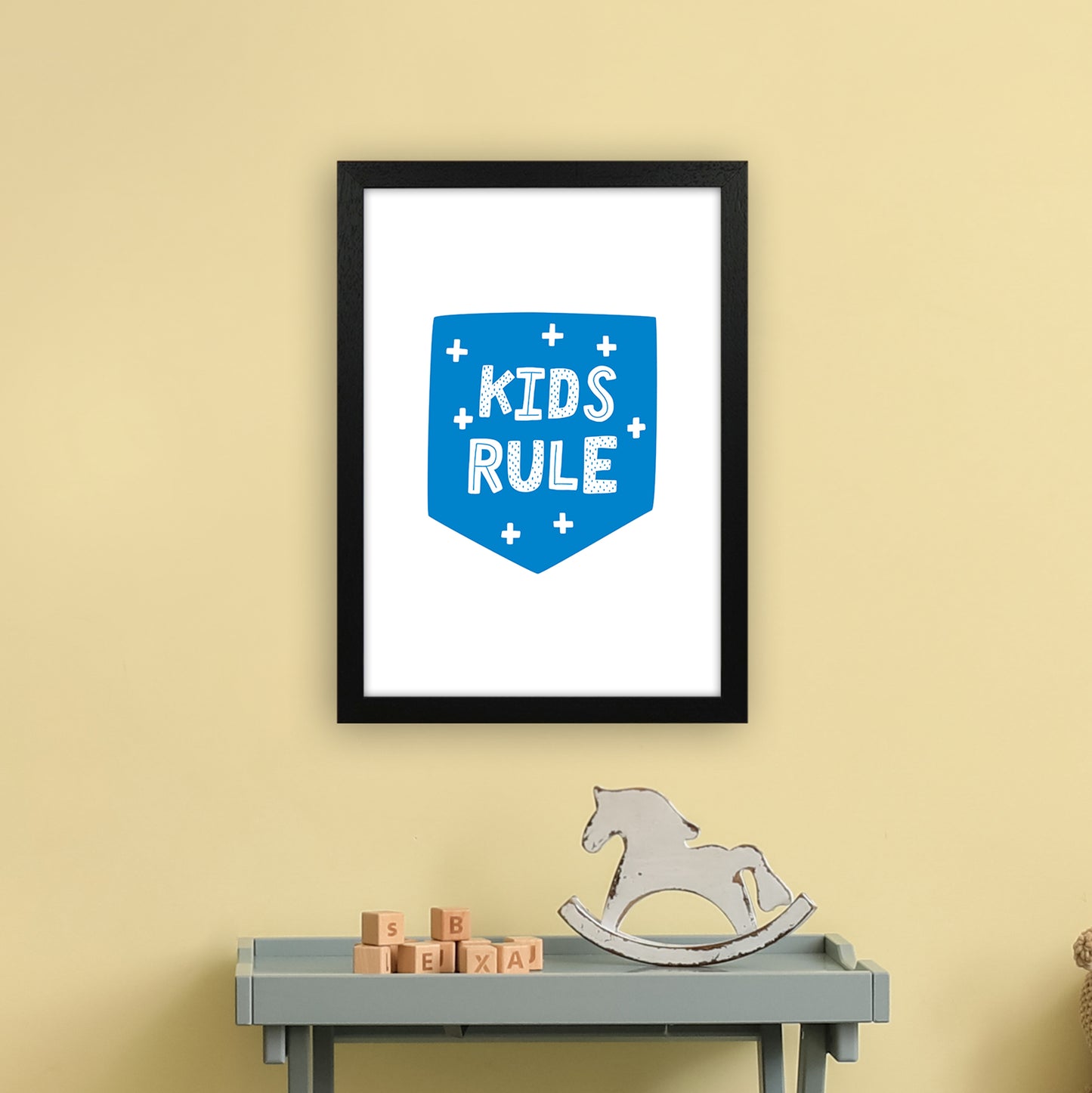 Kids Rule Blue Super Scandi Art Print by Pixy Paper A3 White Frame