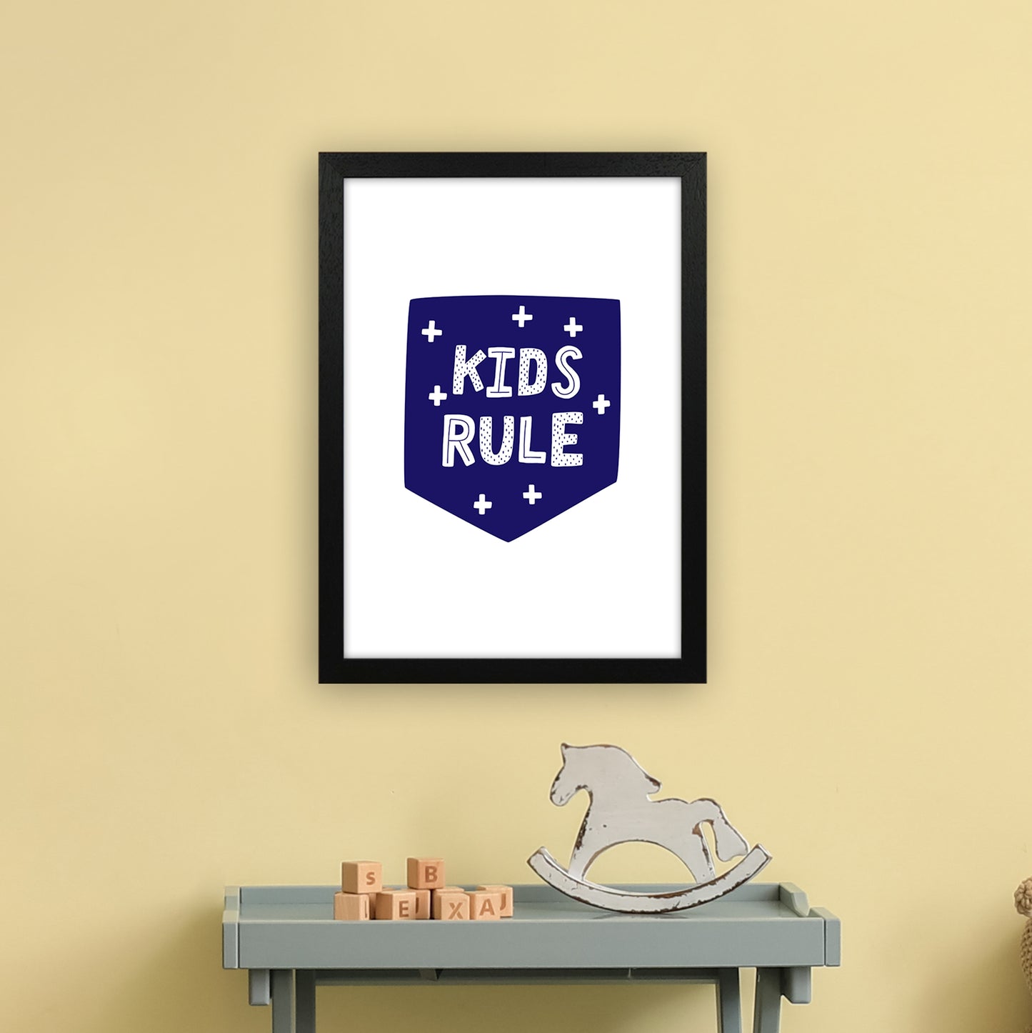 Kids Rule Navy Super Scandi Art Print by Pixy Paper A3 White Frame