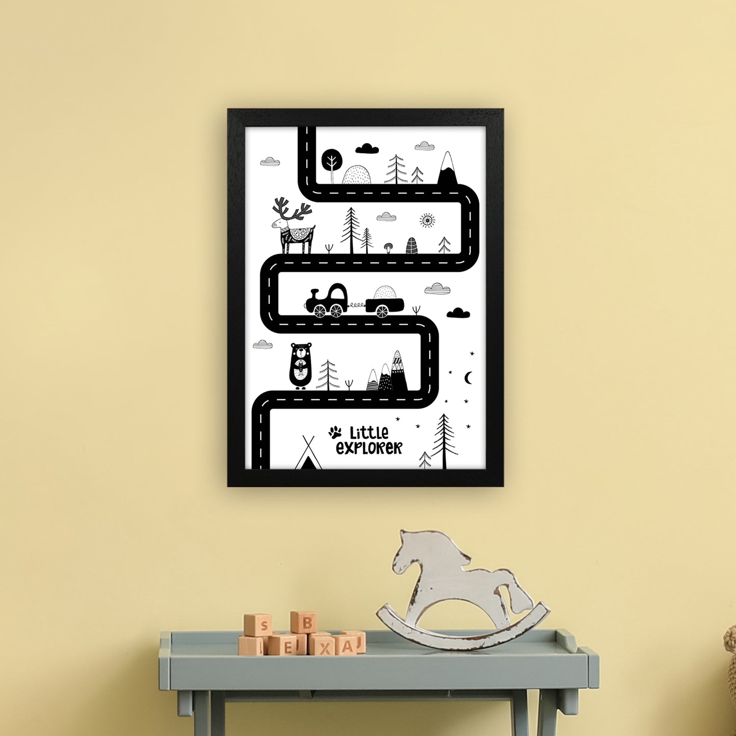Little Explorer Track Art Print by Pixy Paper A3 White Frame