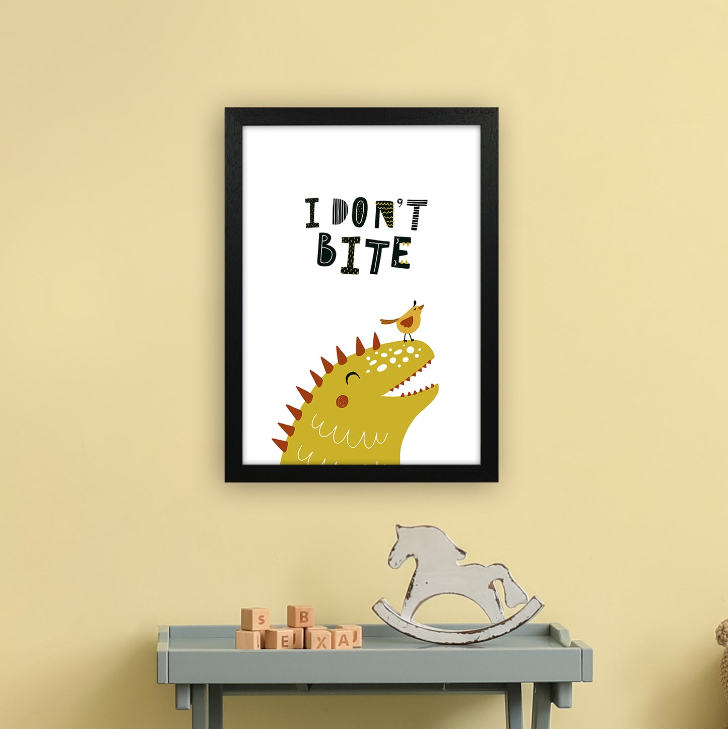 I Don'T Bite Dino Art Print by Pixy Paper A3 White Frame
