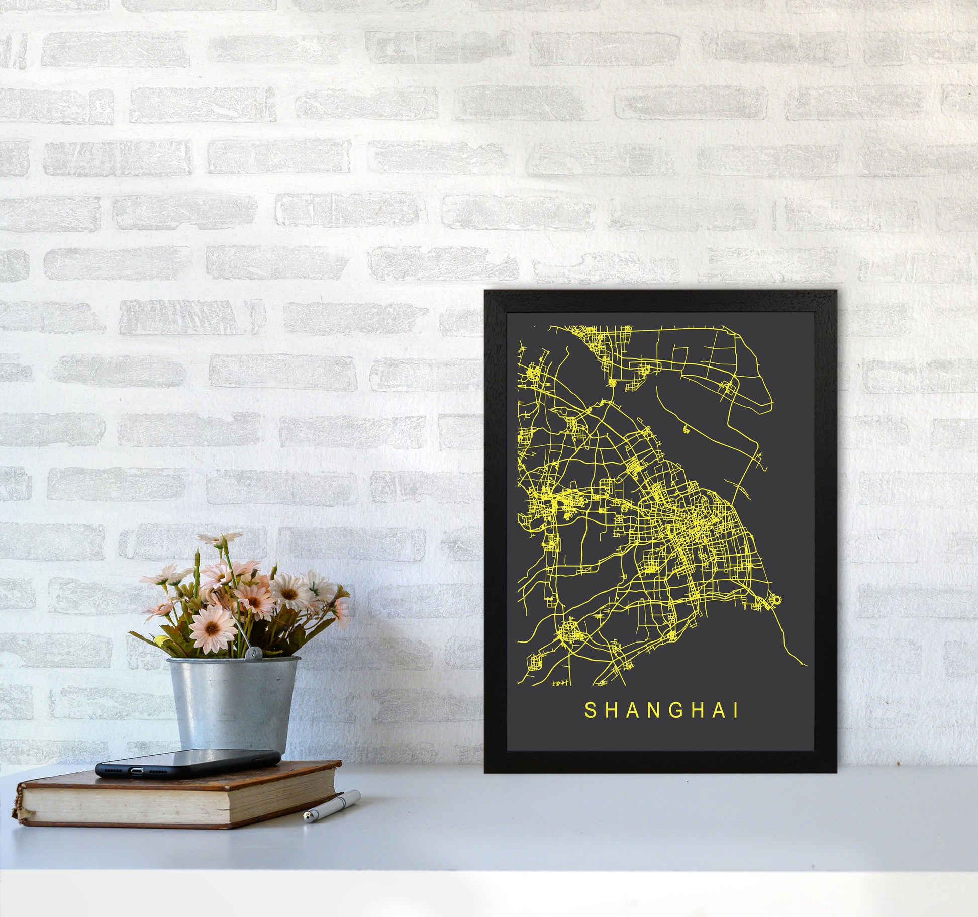 Shanghai Map Neon Art Print by Pixy Paper A3 White Frame