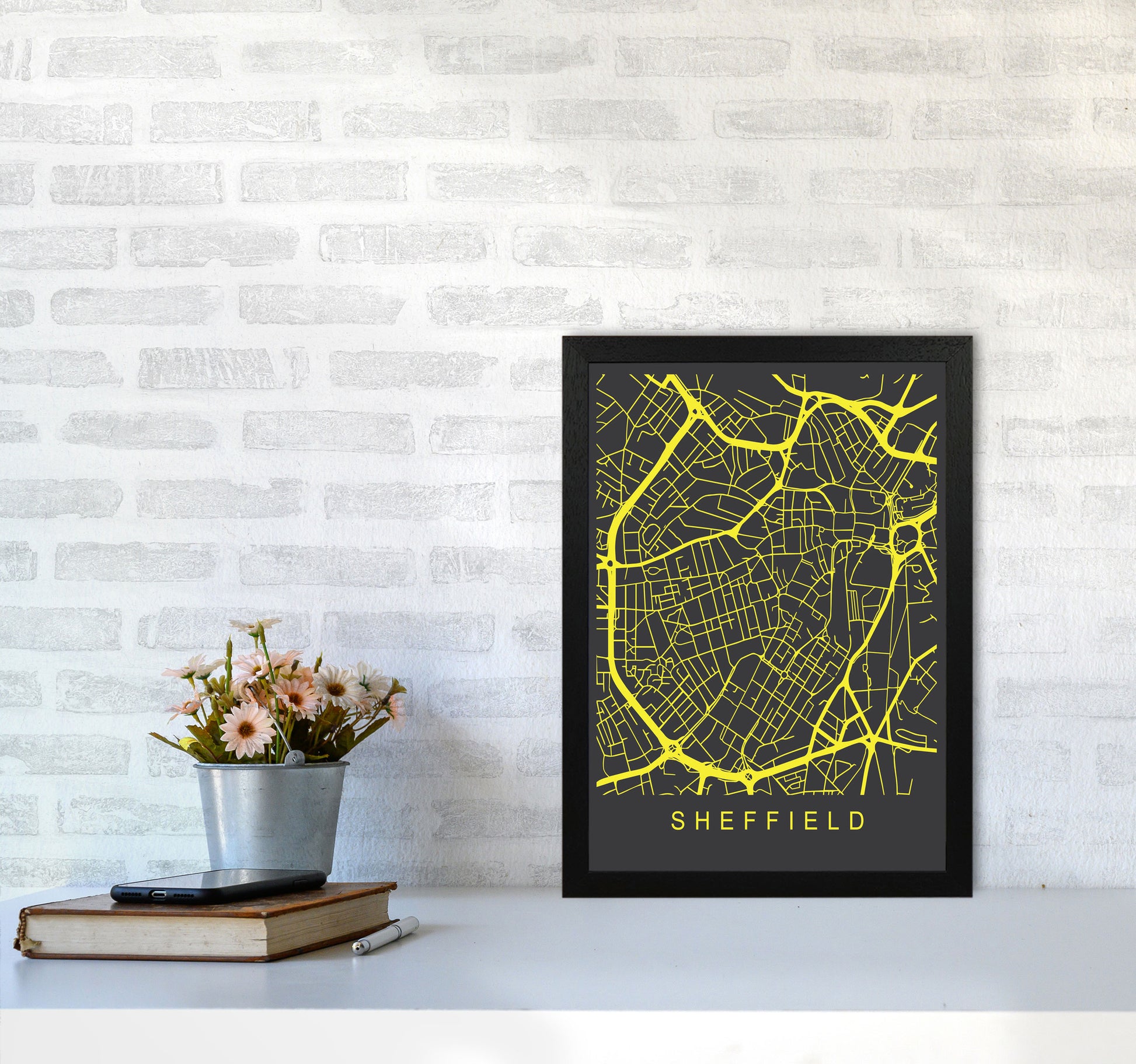 Sheffield Map Neon Art Print by Pixy Paper A3 White Frame