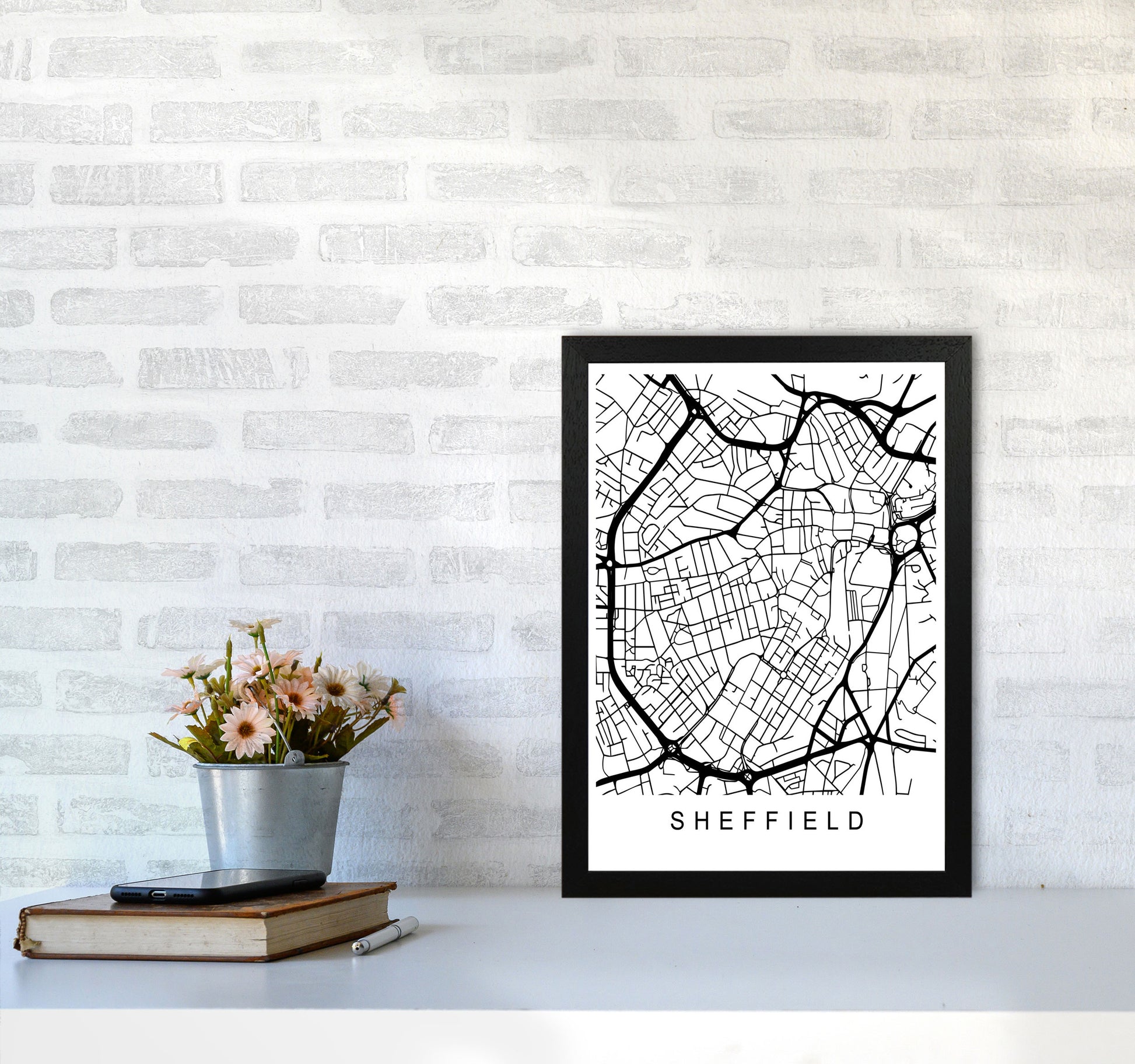 Sheffield Map Art Print by Pixy Paper A3 White Frame