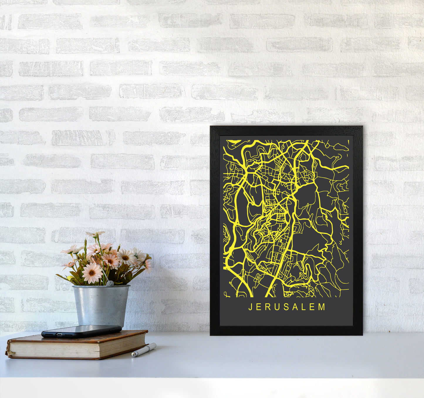 Jerusalem Map Neon Art Print by Pixy Paper A3 White Frame