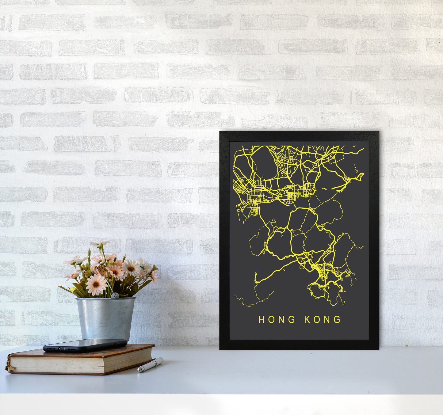 Hong Kong Map Neon Art Print by Pixy Paper A3 White Frame