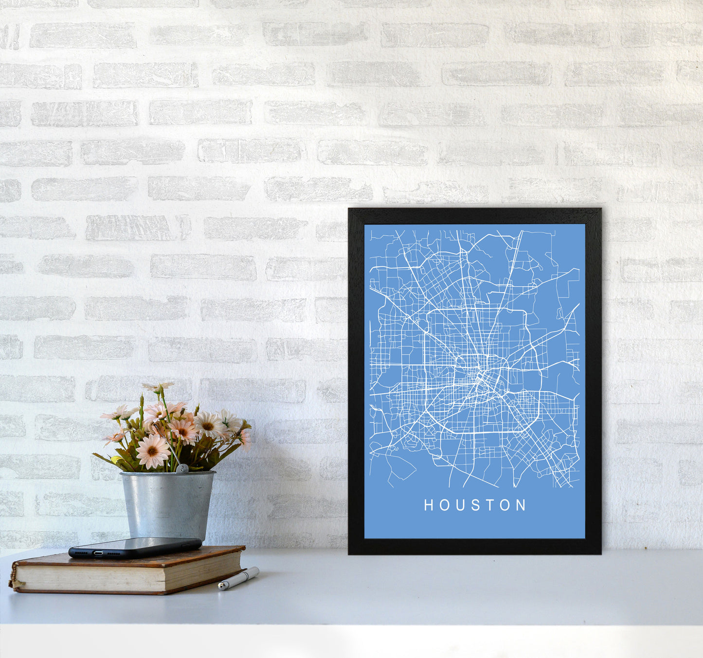 Houston Map Blueprint Art Print by Pixy Paper A3 White Frame