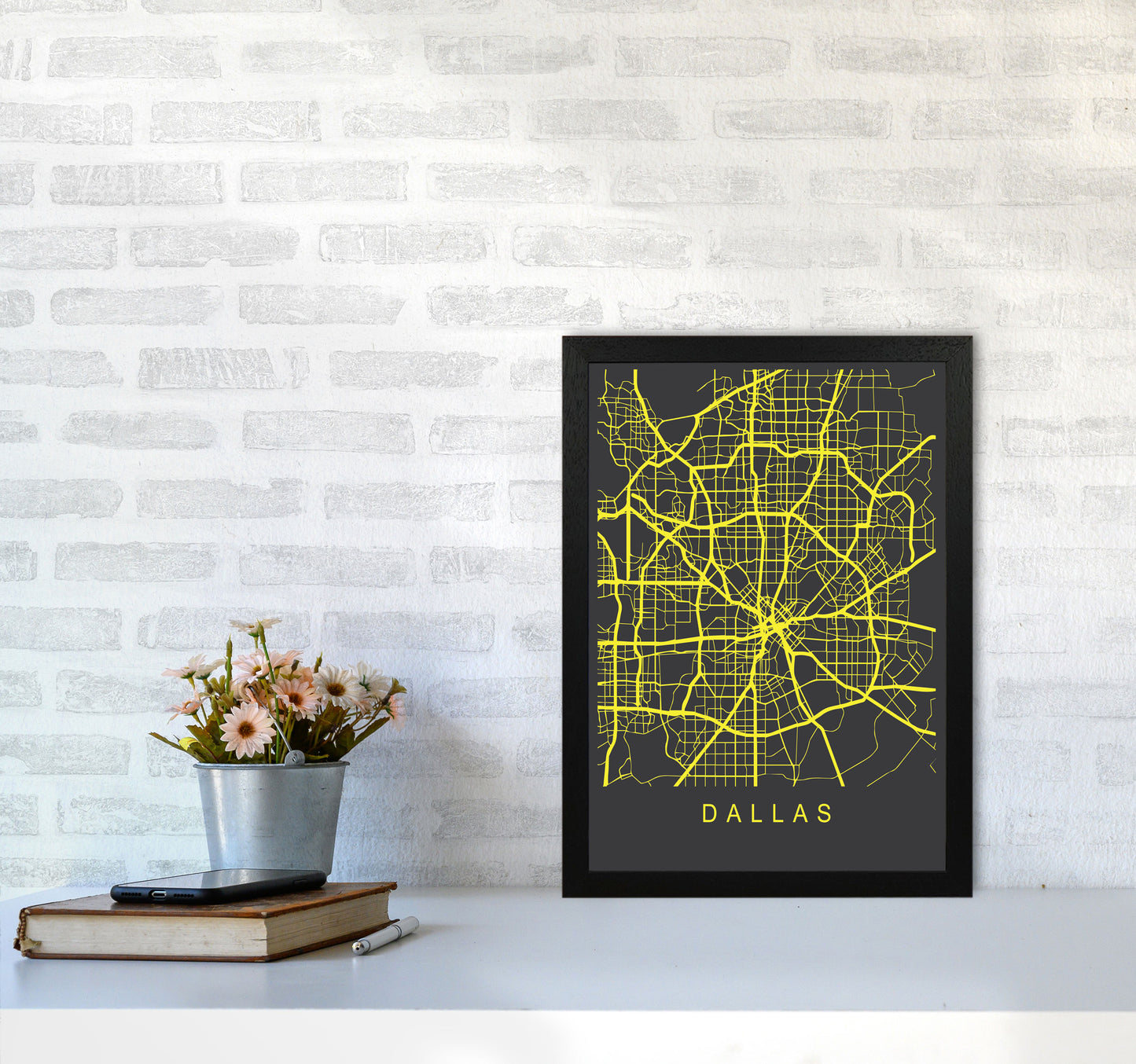 Dallas Map Neon Art Print by Pixy Paper A3 White Frame