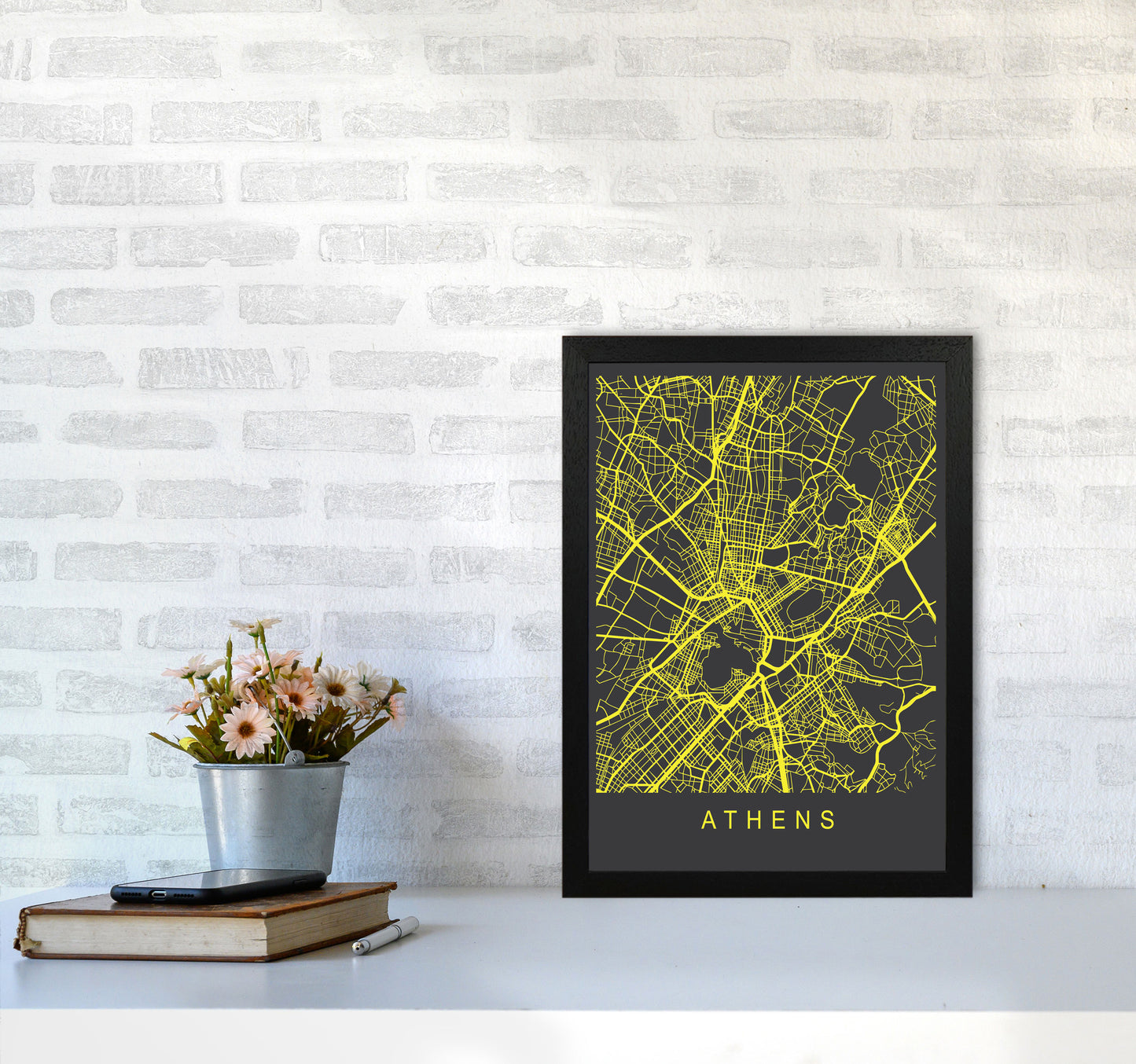 Athens Map Neon Art Print by Pixy Paper A3 White Frame