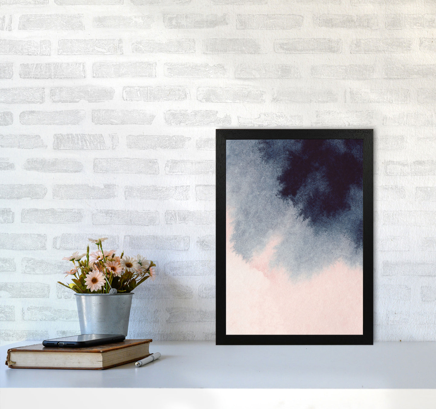 Sand Pink and Navy Watercolour 01 Art Print by Pixy Paper A3 White Frame
