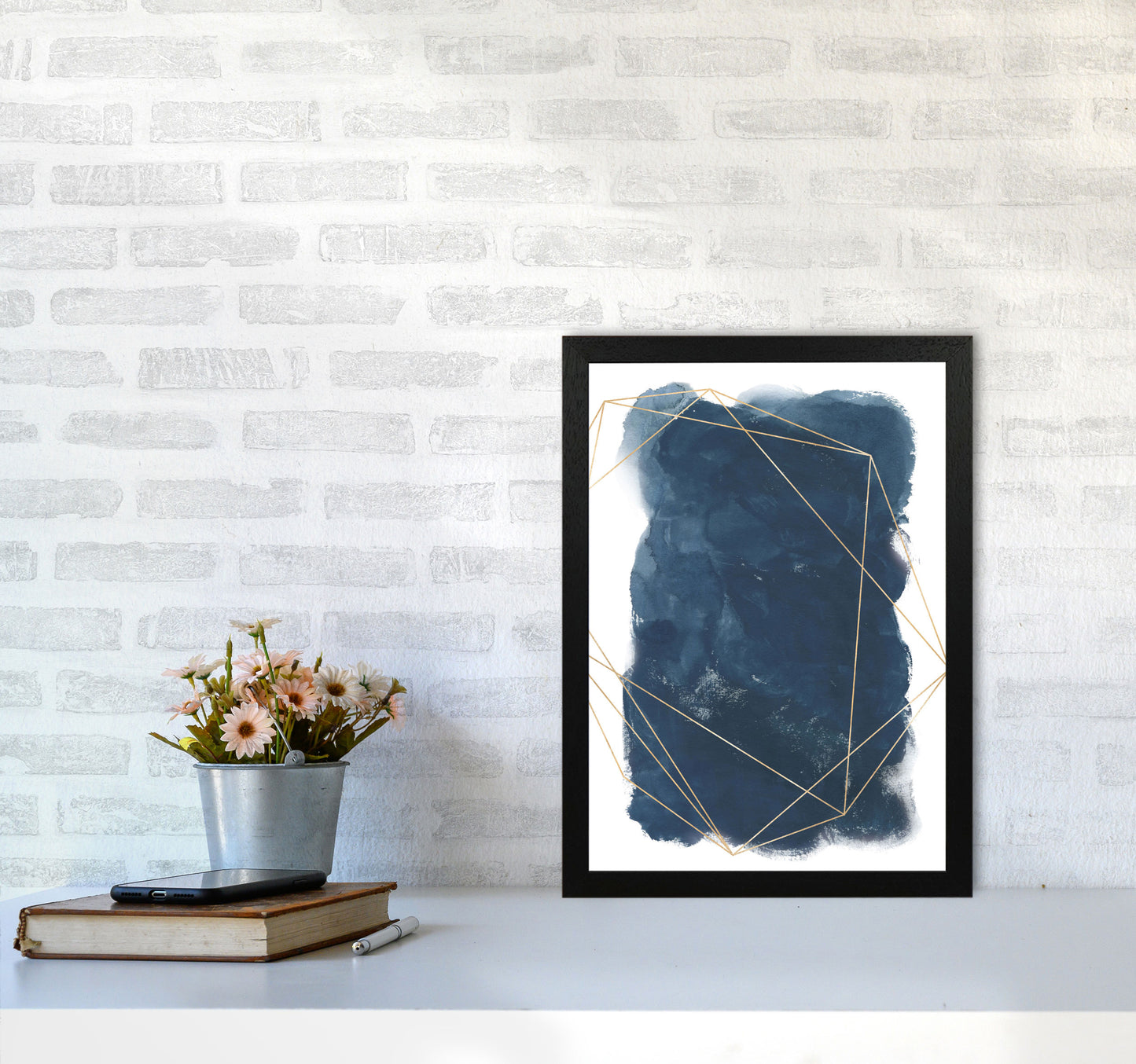 Aztec Navy Watercolour Art Print by Pixy Paper A3 White Frame
