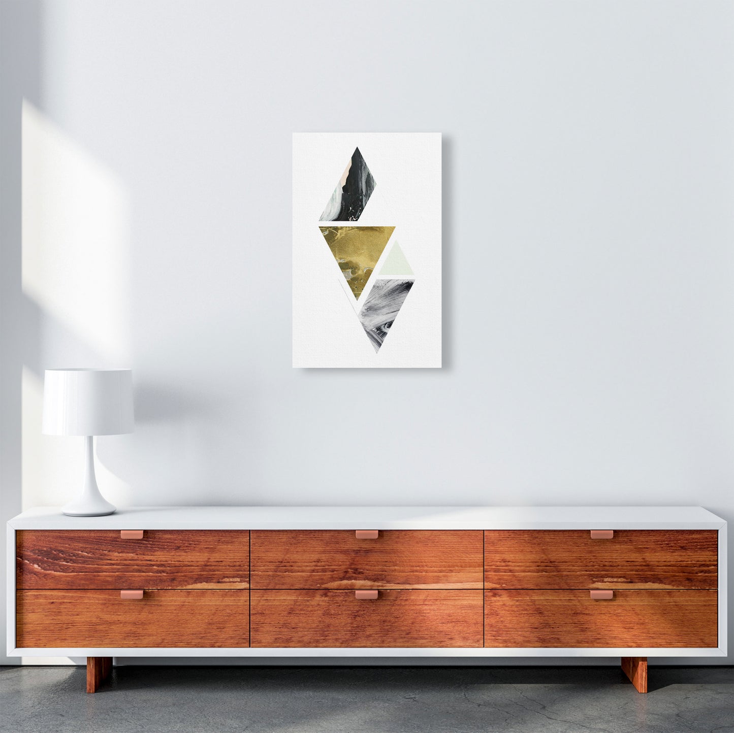 Textured Peach, Green And Grey Abstract Triangles Modern Print A3 Canvas