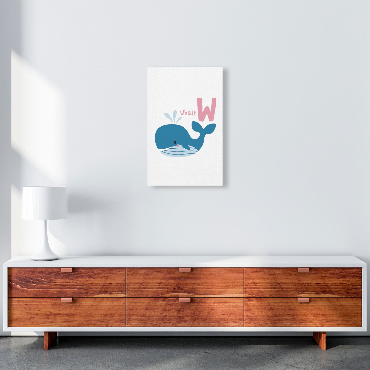 Alphabet Animals, W Is For Whale Framed Nursey Wall Art Print A3 Canvas