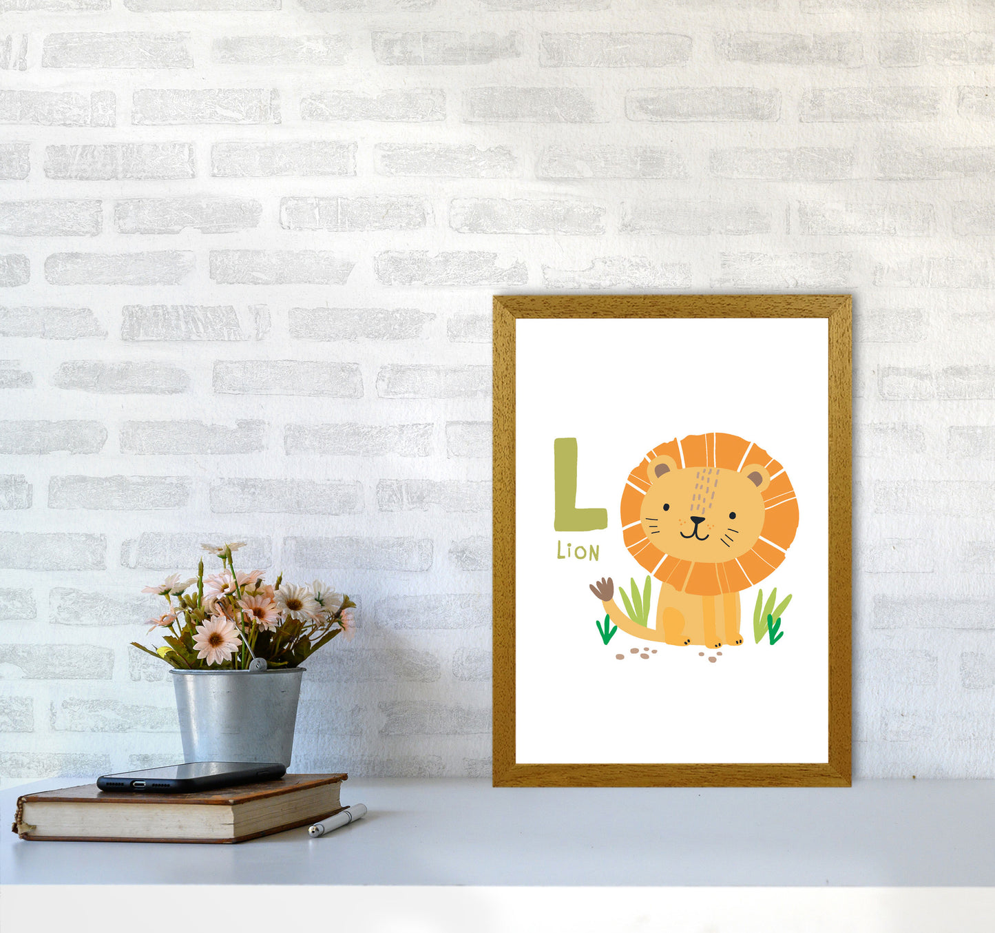 Alphabet Animals, L Is For Lion Framed Nursey Wall Art Print A3 Print Only
