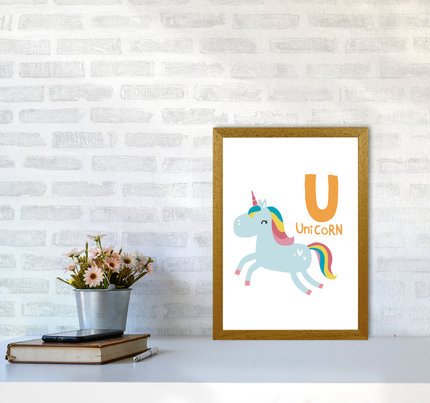 Alphabet Animals, U Is For Unicorn Framed Nursey Wall Art Print A3 Print Only