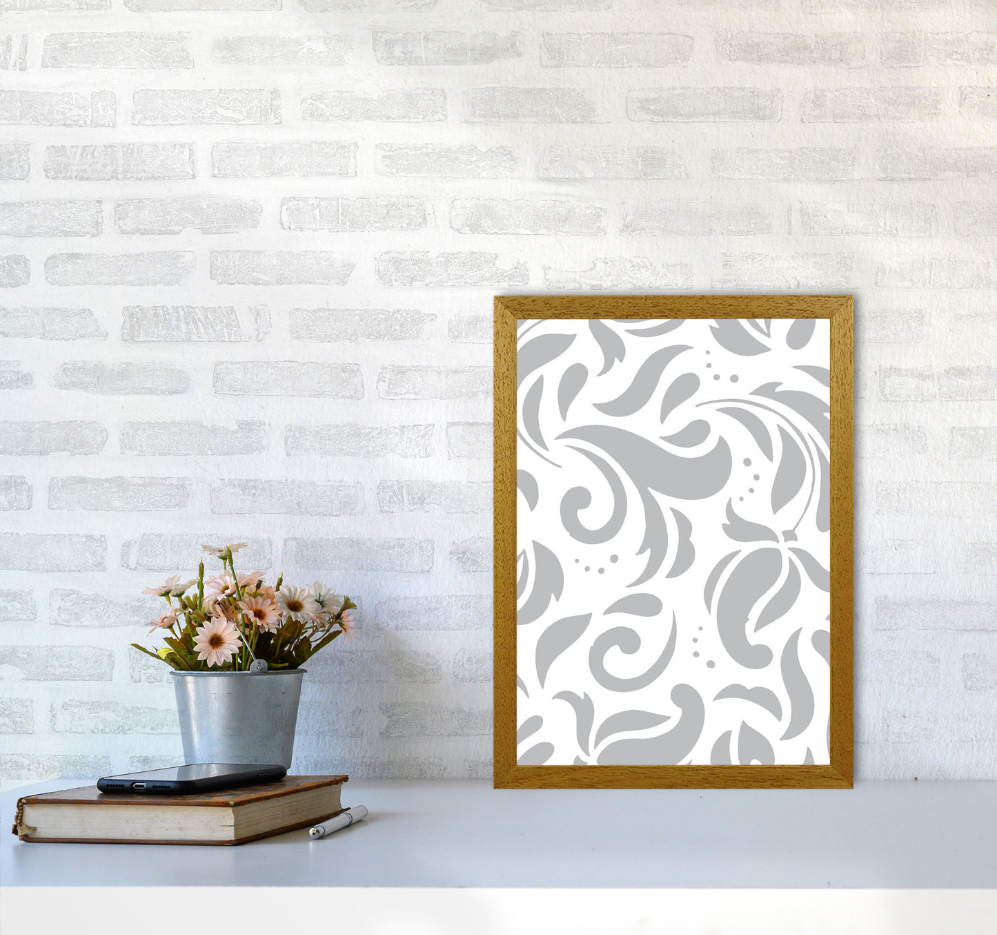 Grey Floral Pattern Modern Print A3 Print Only