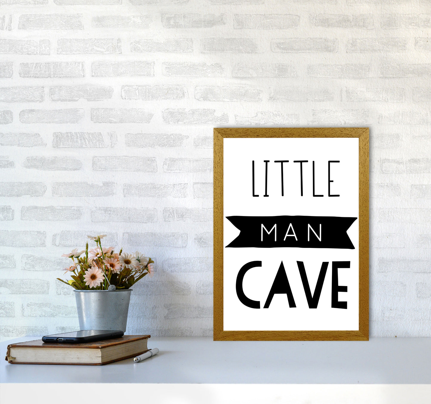Little Man Cave Black Banner Framed Nursey Wall Art Print A3 Print Only