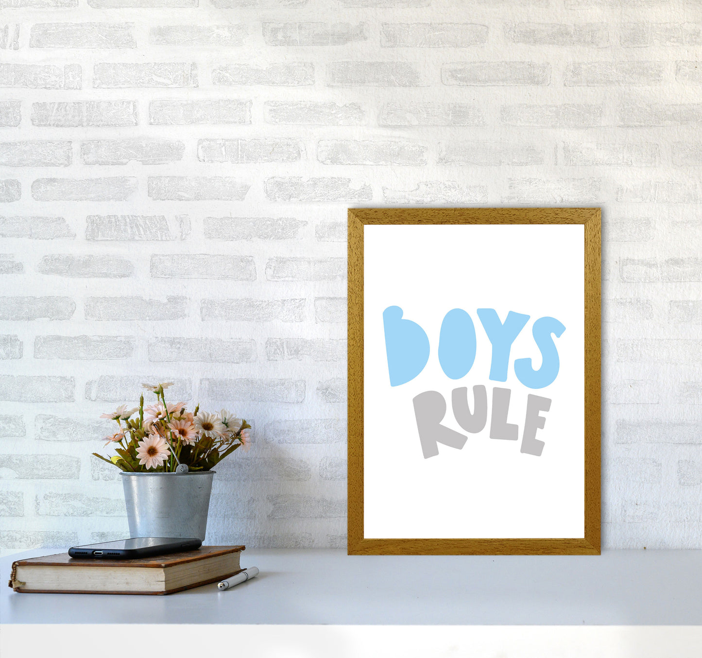 Boys Rule Grey And Light Blue Framed Typography Wall Art Print A3 Print Only