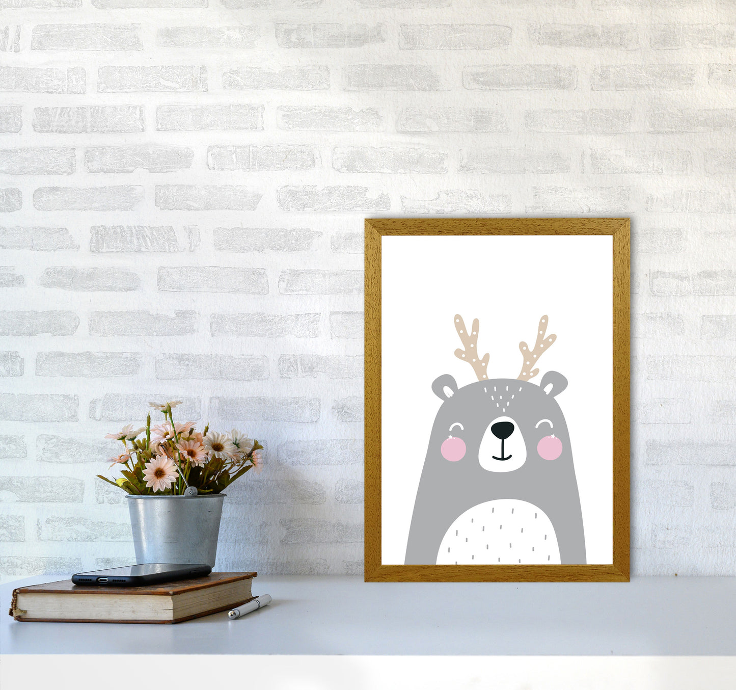 Grey Bear With Antlers Modern Print Animal Art Print A3 Print Only