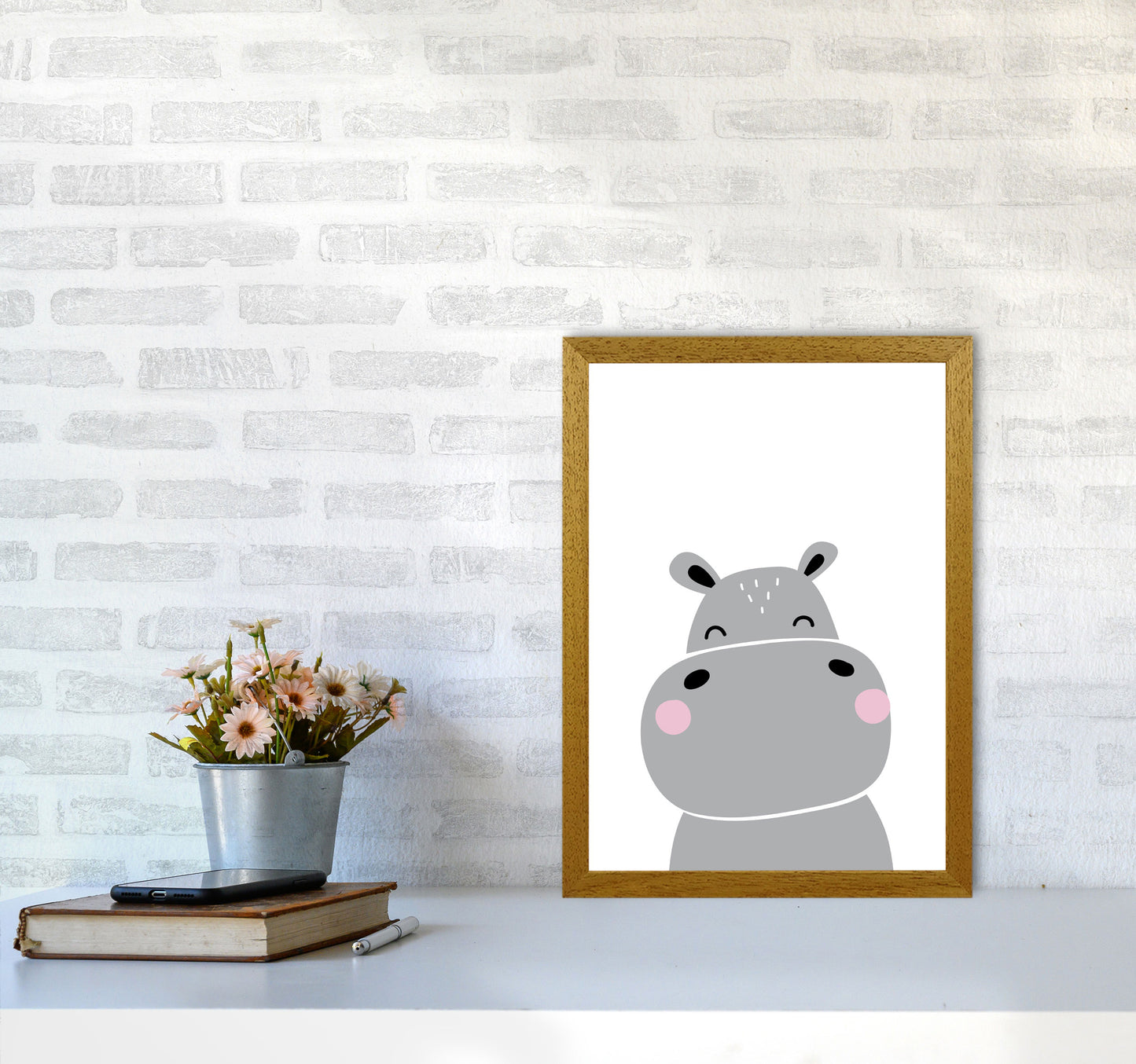 Scandi Hippo Framed Nursey Wall Art Print A3 Print Only