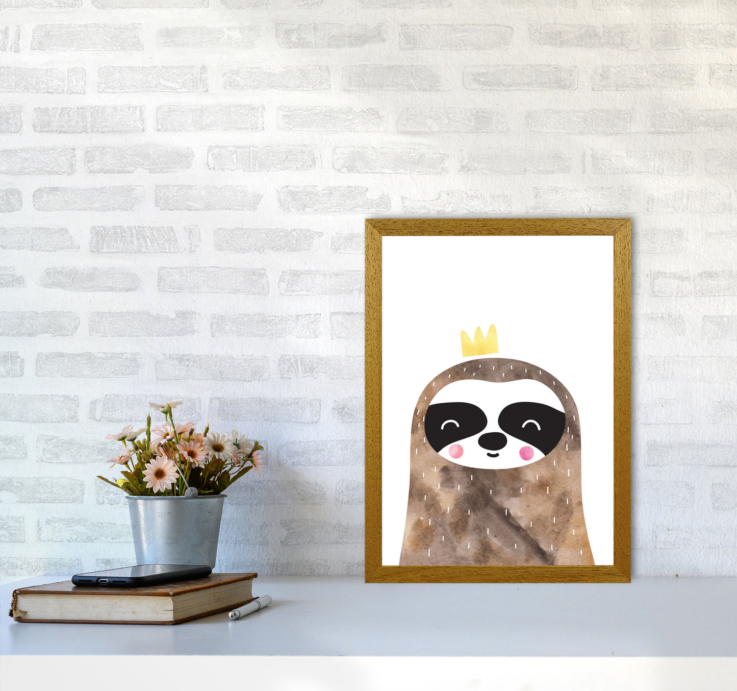 Scandi Brown Sloth Watercolour Framed Nursey Wall Art Print A3 Print Only