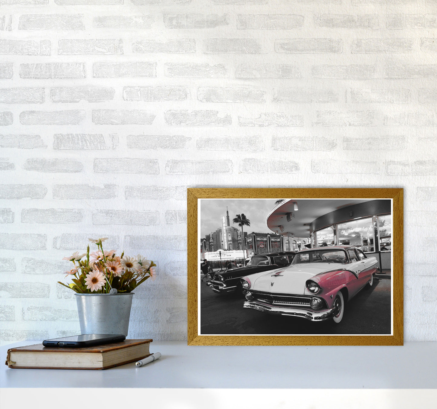 Vintage Pink And White Car Modern Print A3 Print Only