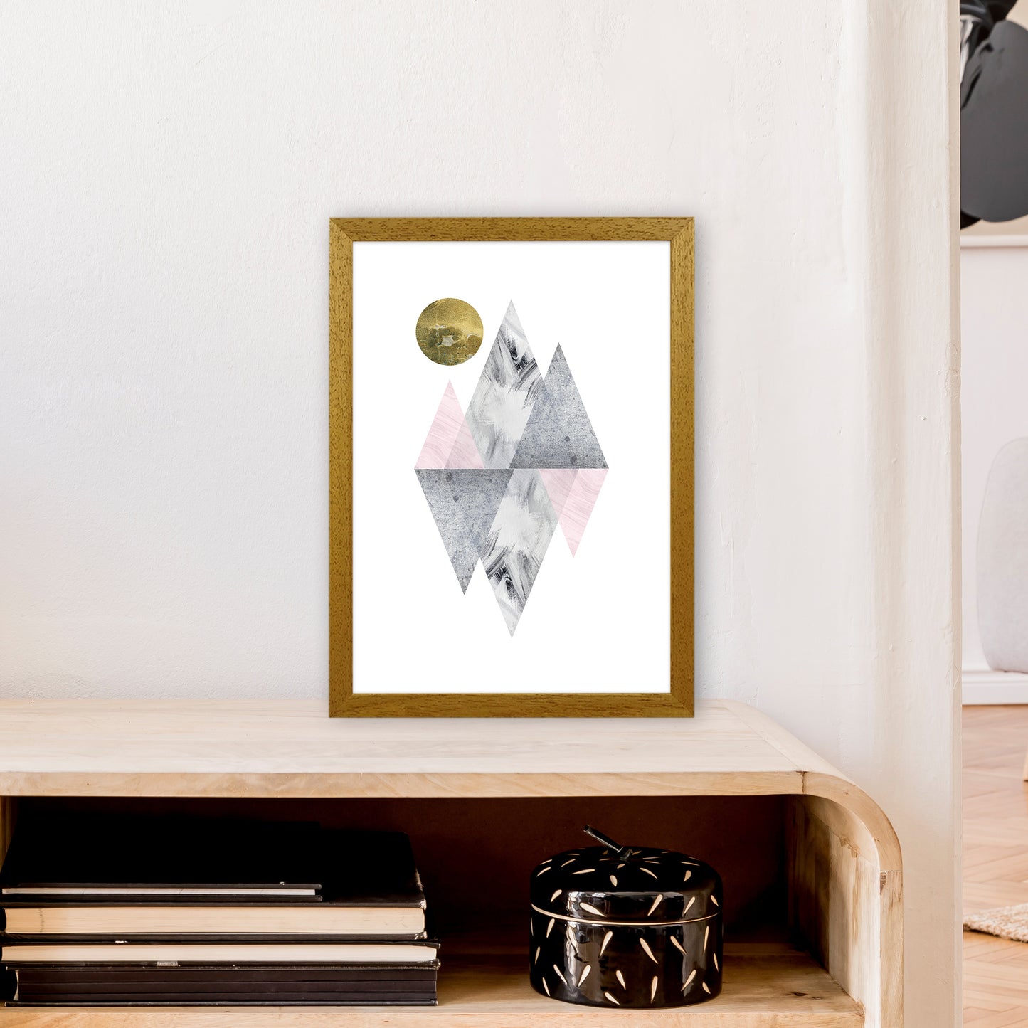 Luna Pink And Grey Diamonds With Gold Moon Art Print by Pixy Paper A3 Print Only