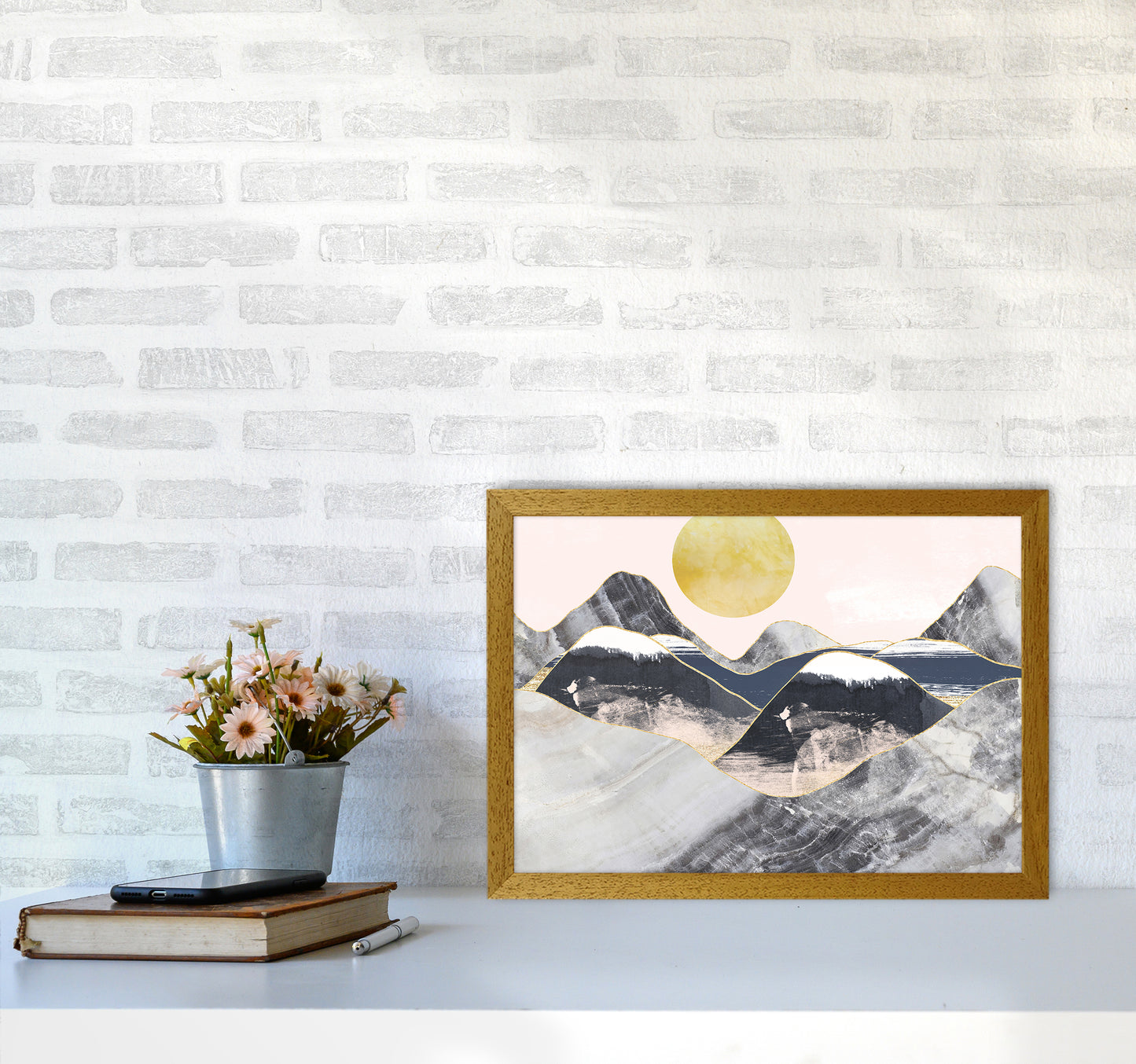Gold Moon Navy Marble Mountains Landscape Art Print by Pixy Paper A3 Print Only