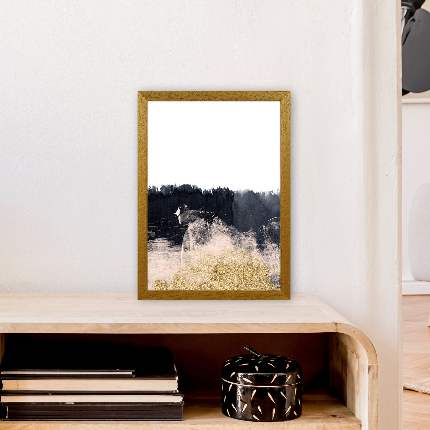Lux Half Navy And Gold Paint Strokes Art Print by Pixy Paper A3 Print Only