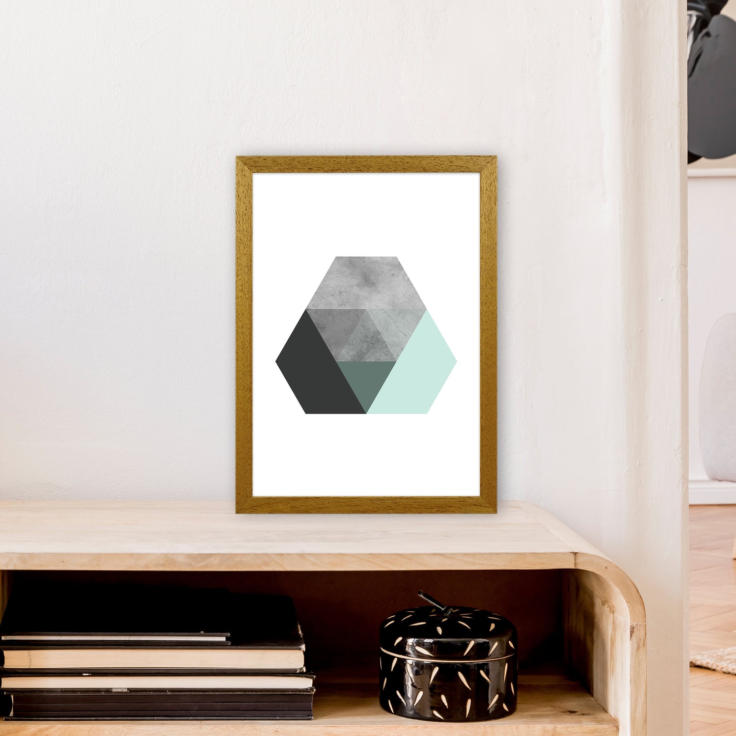 Geometric Mint And Black Hexagon Art Print by Pixy Paper A3 Print Only