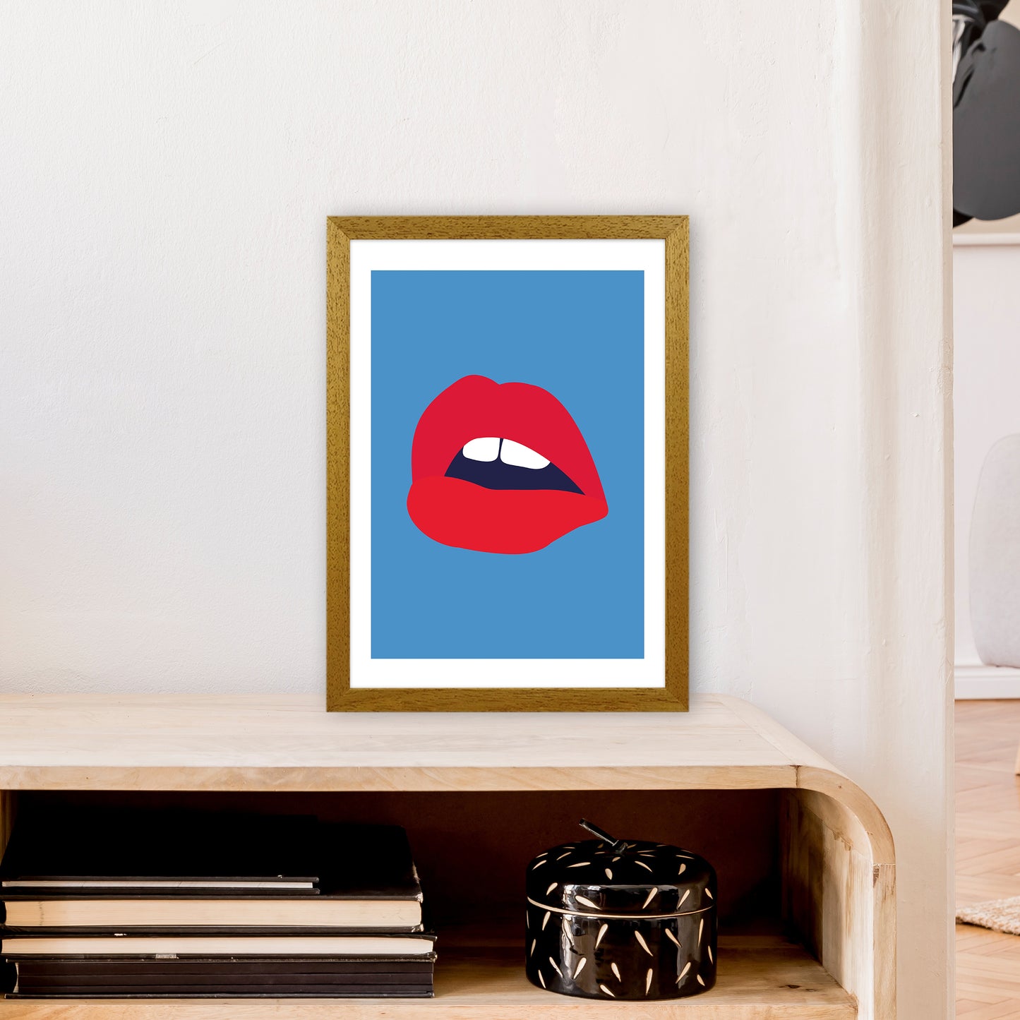 Red Lips Blue Back Art Print by Pixy Paper A3 Print Only
