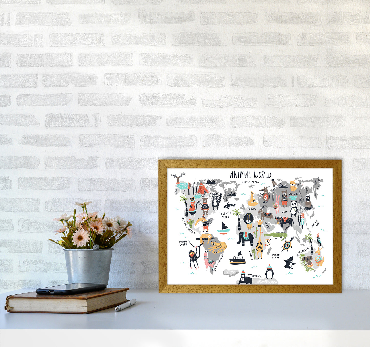 Animal World Map Art Print by Pixy Paper A3 Print Only