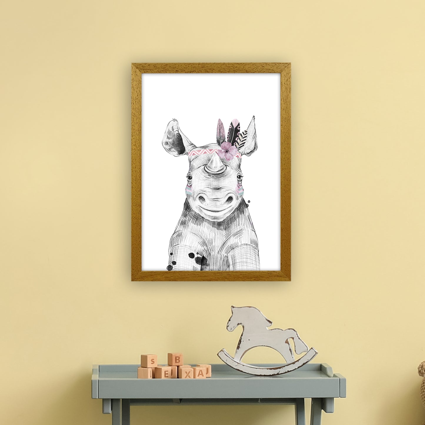 Safari Babies Rhino With Head Feathers Art Print by Pixy Paper A3 Print Only