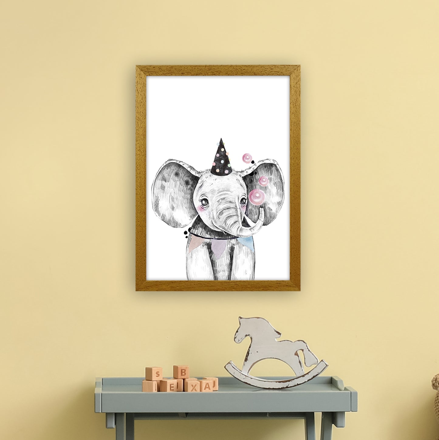Safari Babies Elephant With Party Hat Art Print by Pixy Paper A3 Print Only