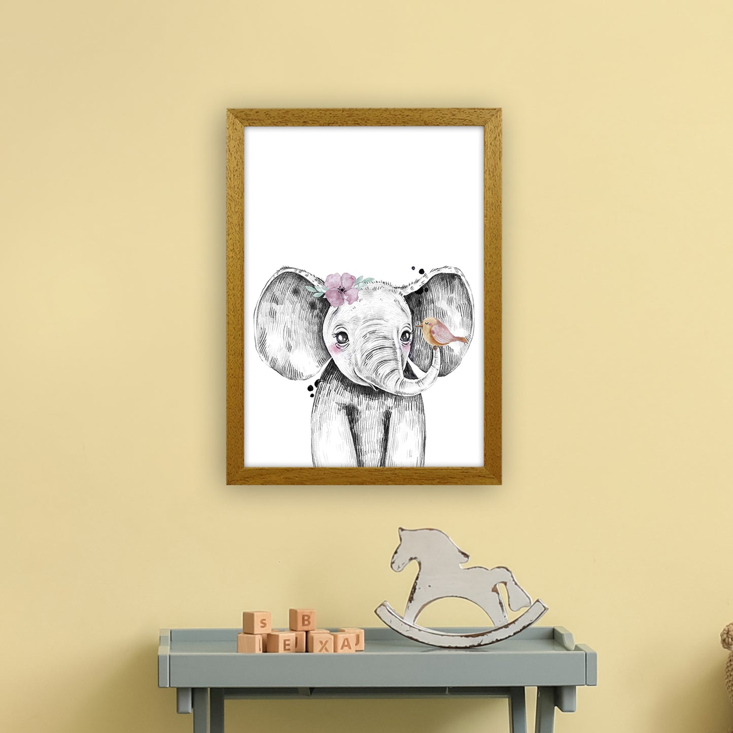 Safari Babies Elephant With Flower Art Print by Pixy Paper A3 Print Only