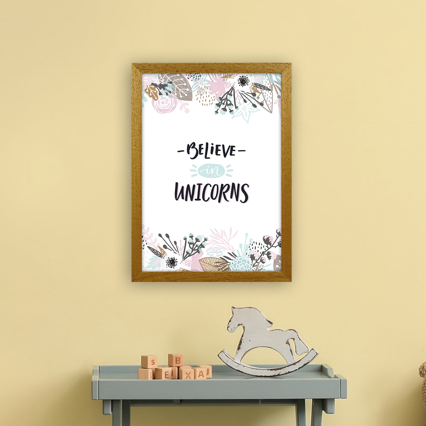 Believe In Unicorns Floral Art Print by Pixy Paper A3 Print Only