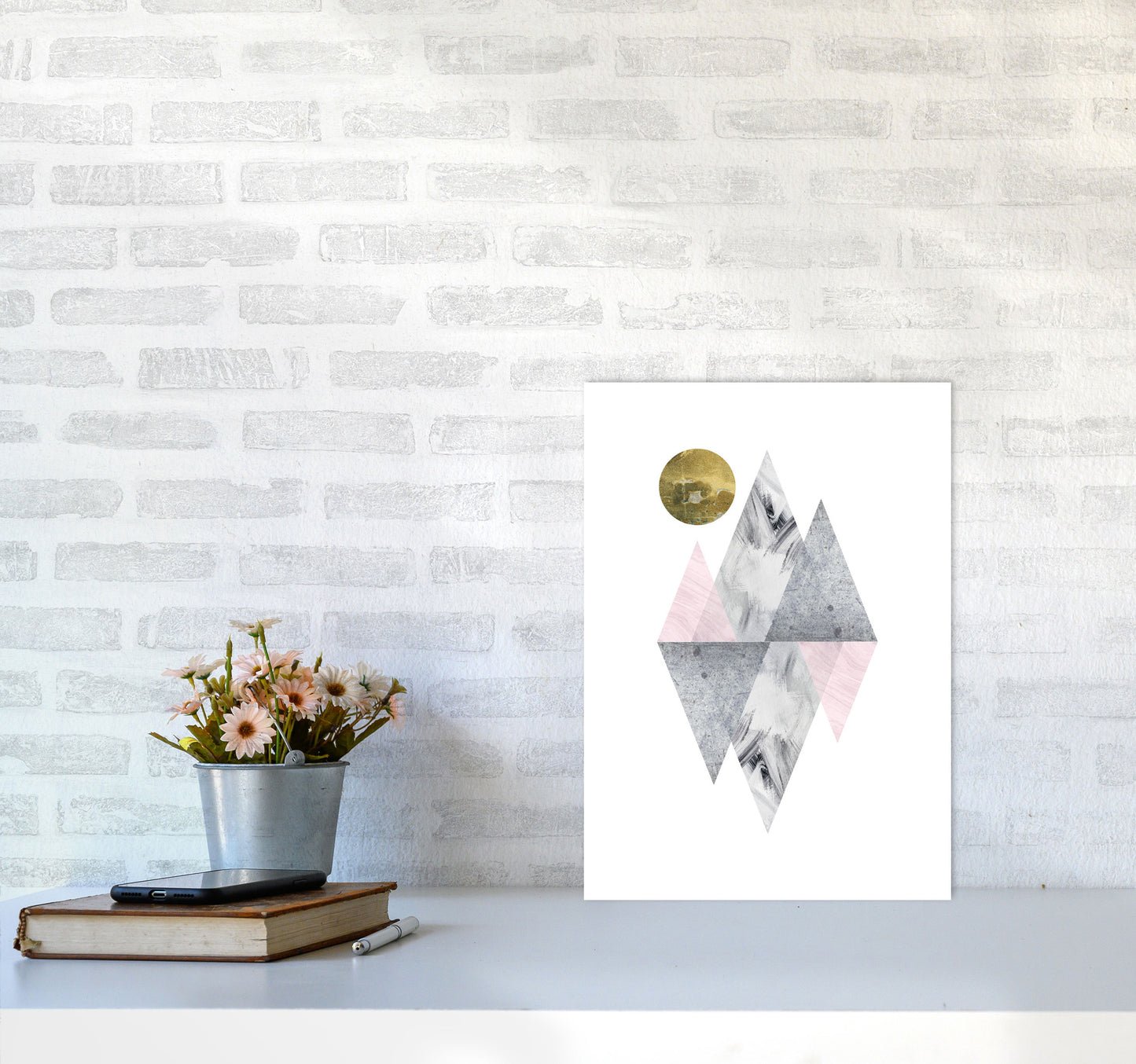 Pink And Grey Diamonds With Gold Moon Abstract Modern Print A3 Black Frame