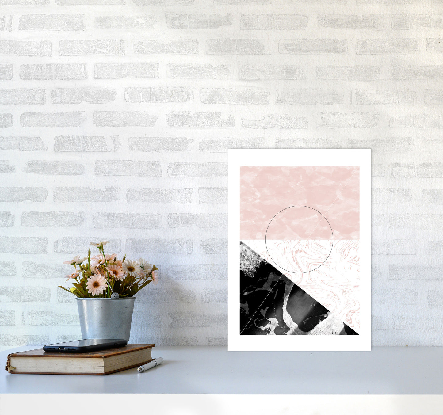 Black And Pink Marble Abstract Rectangle Shapes Modern Print A3 Black Frame