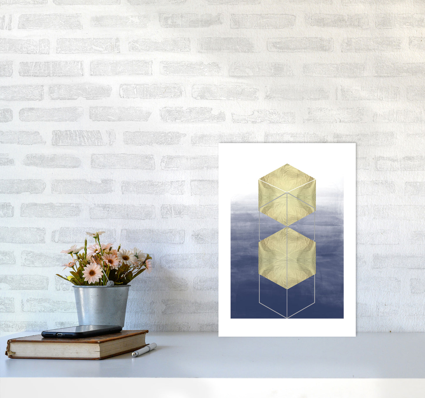 Navy And Gold Abstract Hexagons Modern Print A3 Black Frame