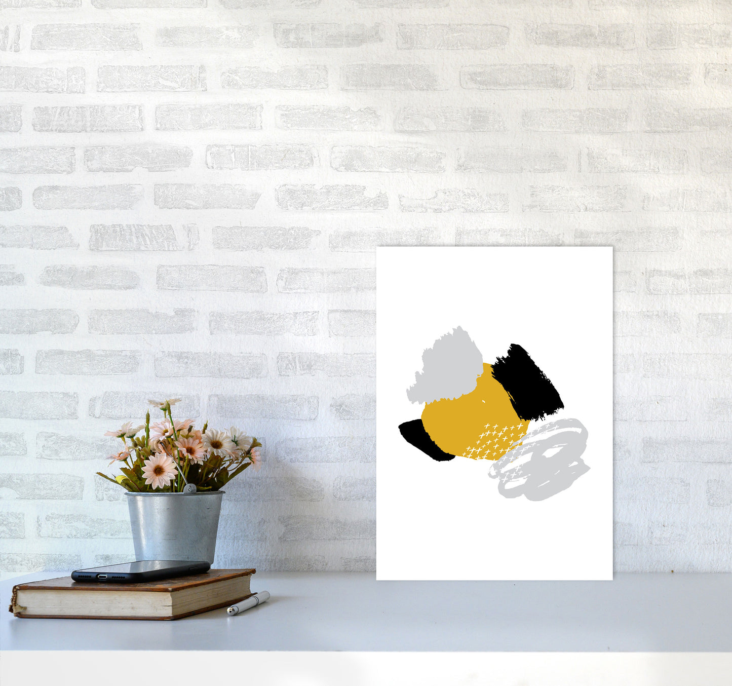 Mustard And Black Mismatch Abstract Modern Print A3 Black Frame
