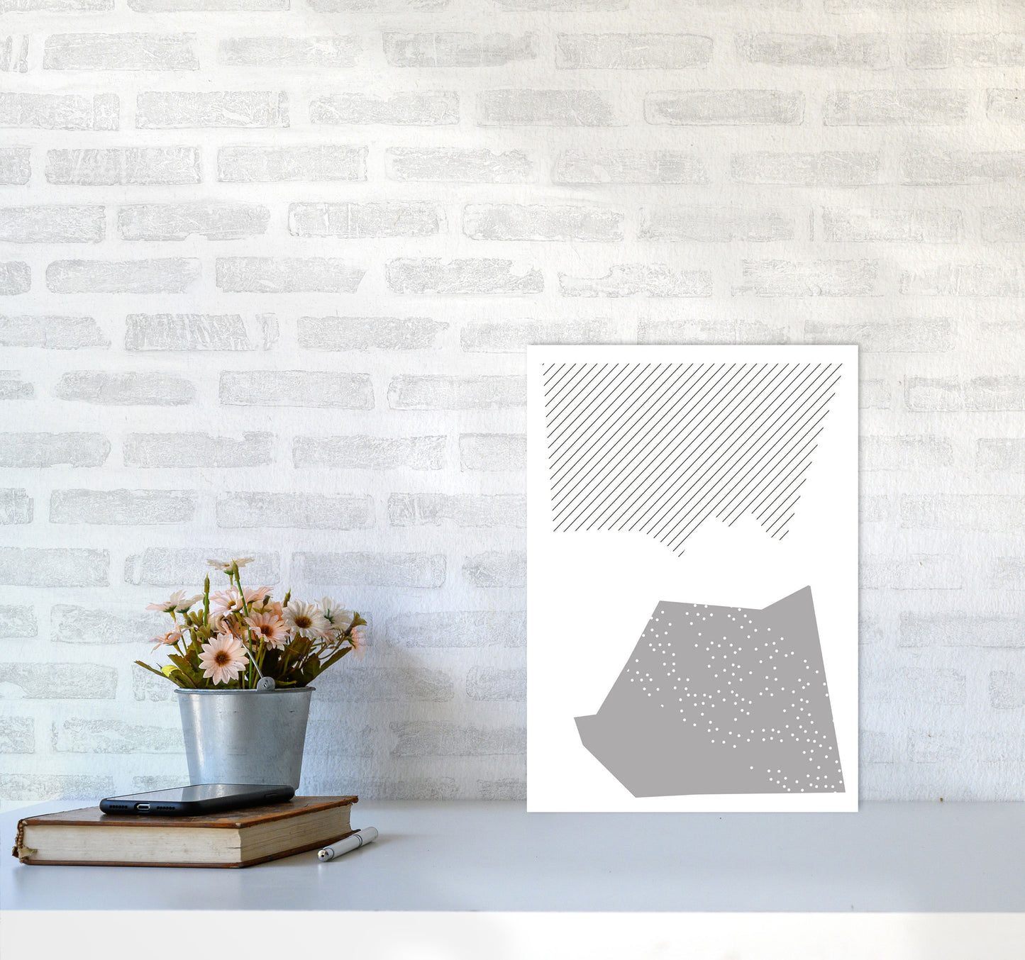 Grey Top And Bottom Abstract Modern Print A3 Black Frame